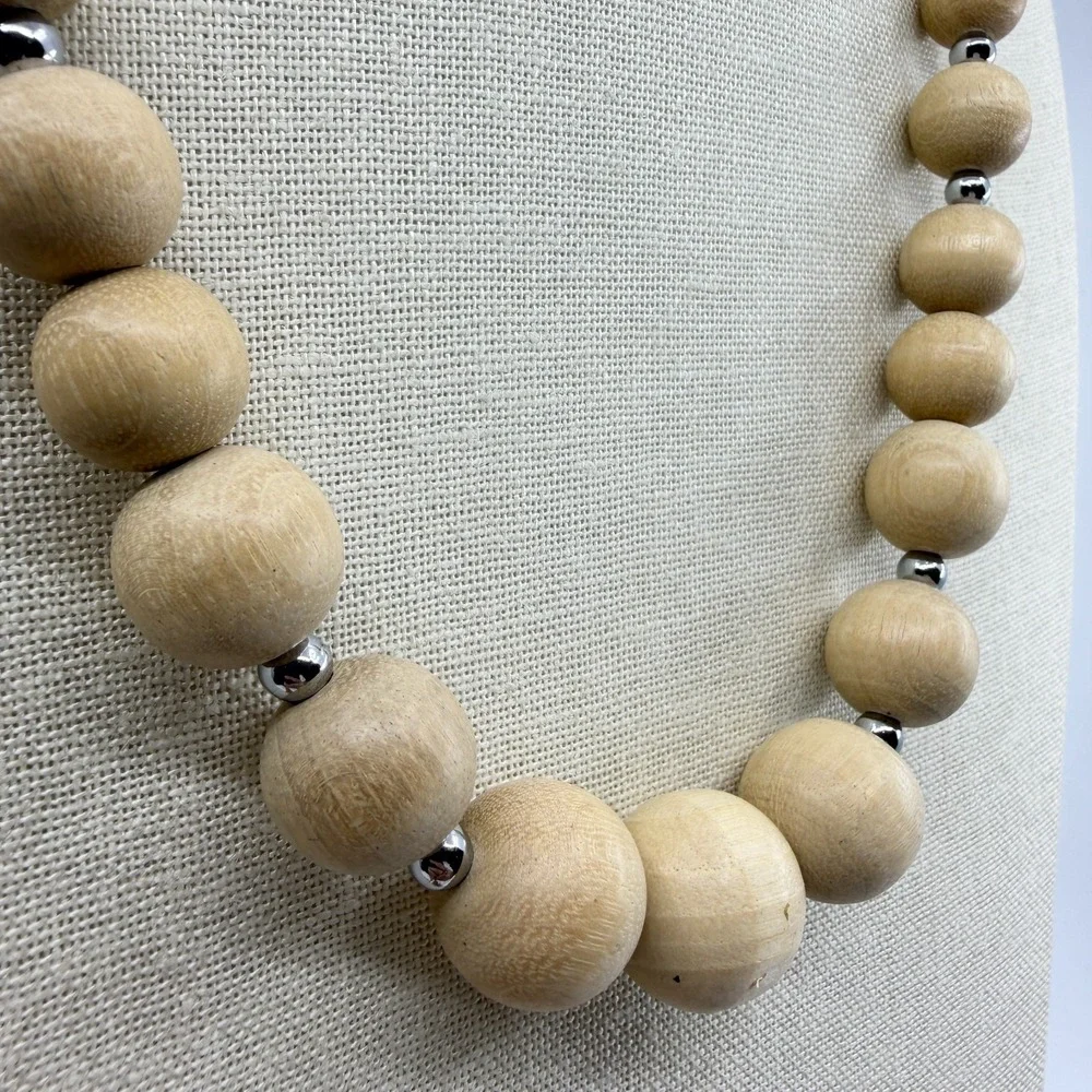 Natural Wood Bead Necklace Silver Tone Spacers Chunky Boho Statement Jewelry